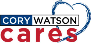 Personal injury lawyer, Cory Watson's logo has his name Cory in white with blue background and Watson in black with white background, The logo says Cory Watson Cares, with a blue heart on the right side and cares in red.