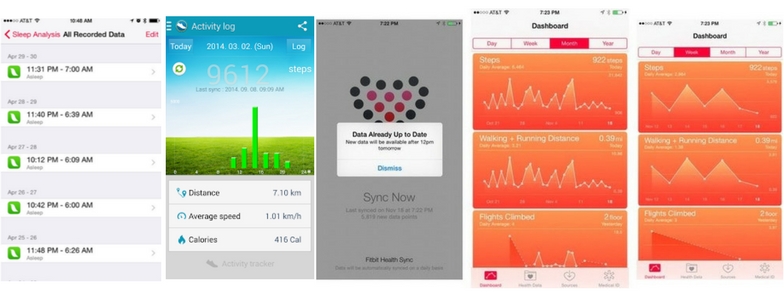 shows 5 different apps on a mobile device that track health, such as heartrate and activity logs