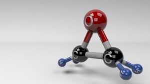 This is a description of an illustration depicting the molecular structure of ethylene oxide, a carcinogenic gas utilized as both an agricultural insecticide and a sterilant for medical equipment.