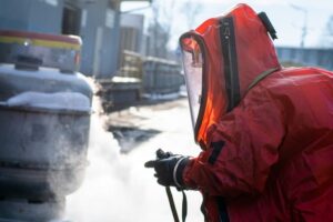 Firefighters wearing protective HAZMAT suits successfully halt the leak of ethylene oxide, a hazardous substance, from the tank.