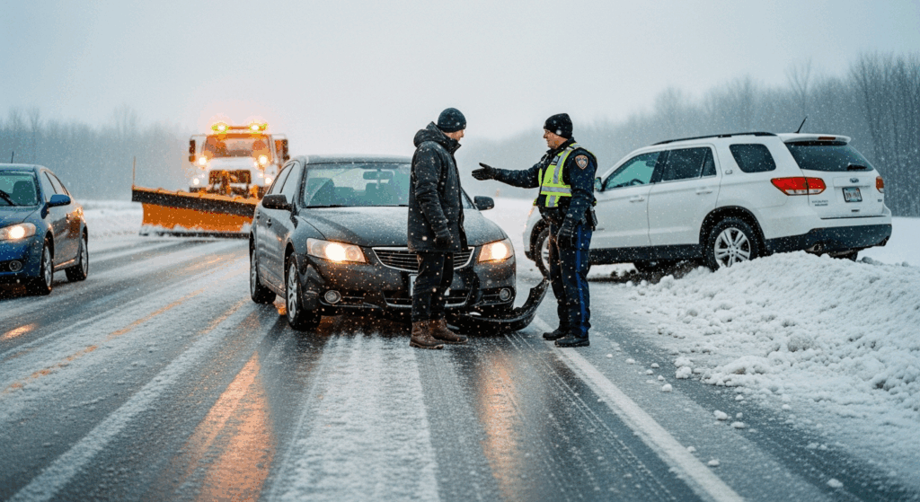 Winter weather car crash on icy road highlighting liability and highway maintenance negligence.