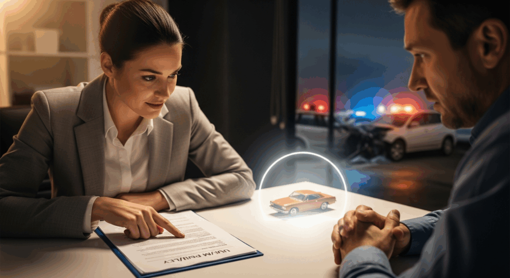 Professional lawyer reassuring a client about Uninsured Motorist (UM/UIM) coverage for compensation after a hit-and-run crash.