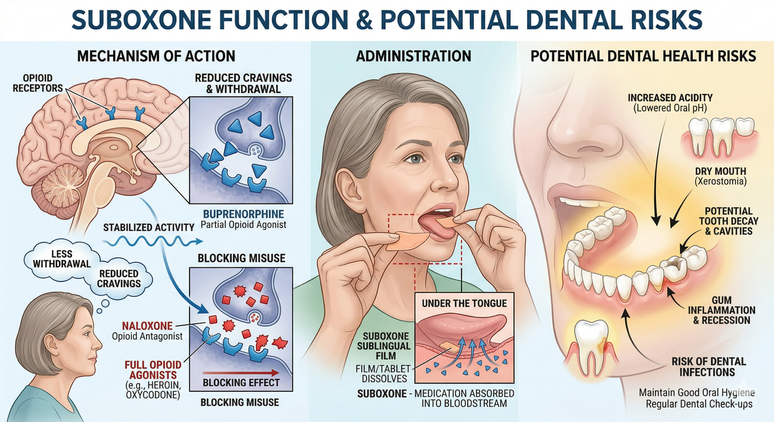 Suboxone dissolving under tongue, reducing cravings, blocking misuse, with dental risk warning.