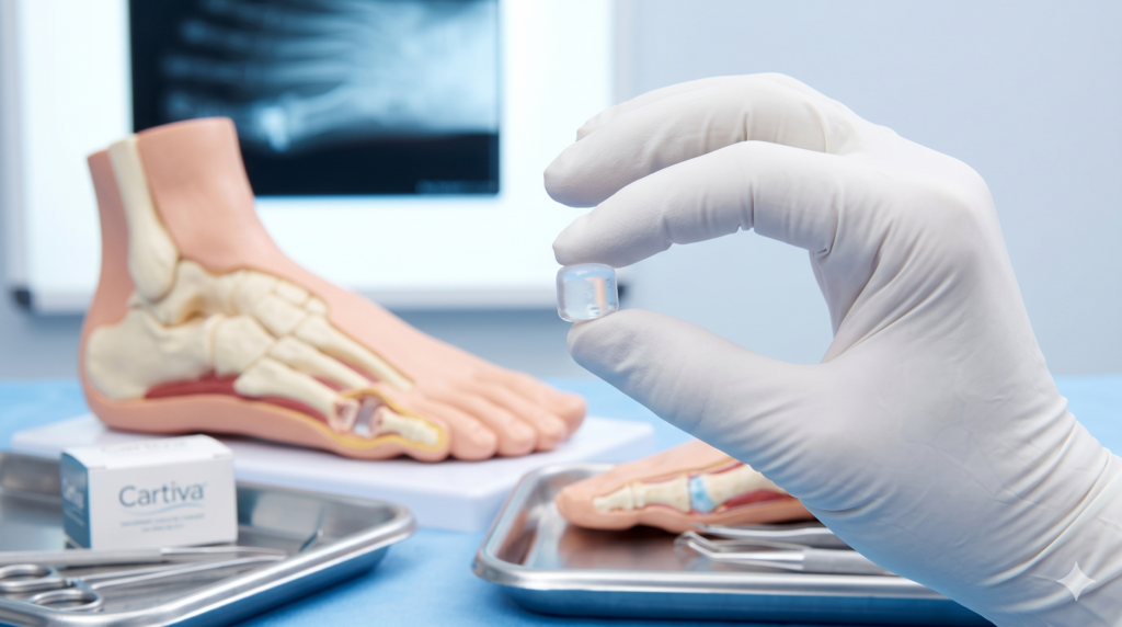 A gloved hand holds a clear, cylindrical Cartiva toe implant next to a foot model in a sterile medical setting