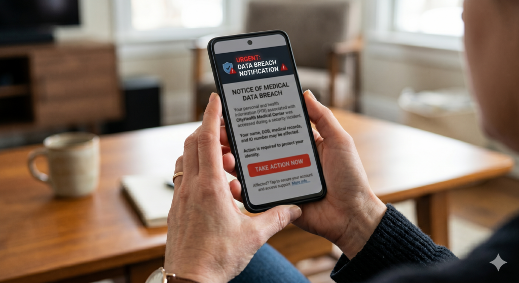 Hands holding a smartphone with a medical data breach notification and a "Take Action" button for healthcare security.
