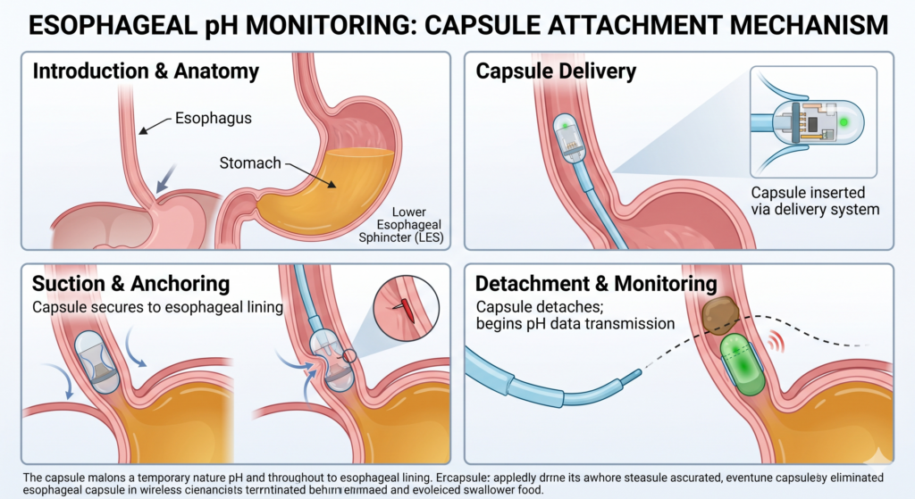 Four-panel medical diagram illustrating the esophageal pH monitoring capsule attachment mechanism, showing introduction and anatomy, capsule delivery via catheter, suction and anchoring to the lower esophageal lining, and capsule detachment.