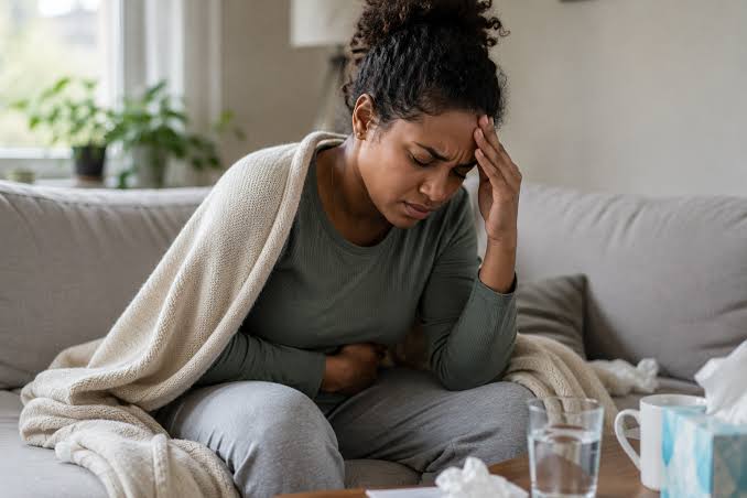 Woman suffering symptoms of Cyclospora food poisoning, including abdominal pain and illness after eating contaminated food.