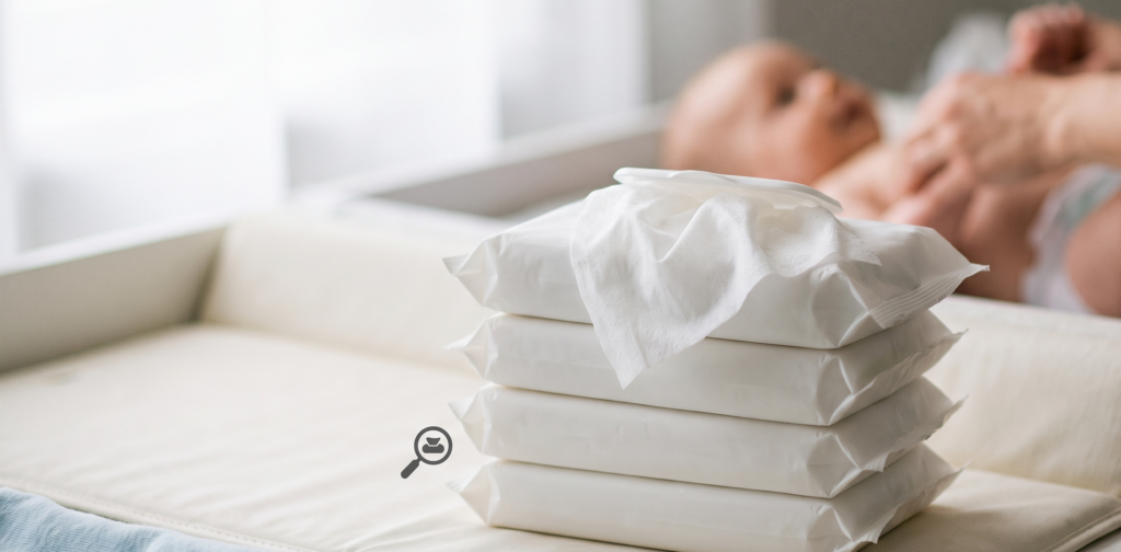 Packages of baby wipes on a changing table during a diaper change, referencing the Up & Up baby wipes lawsuit.