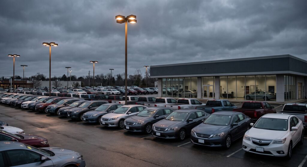 Car dealership lot with rows of vehicles under an overcast sky