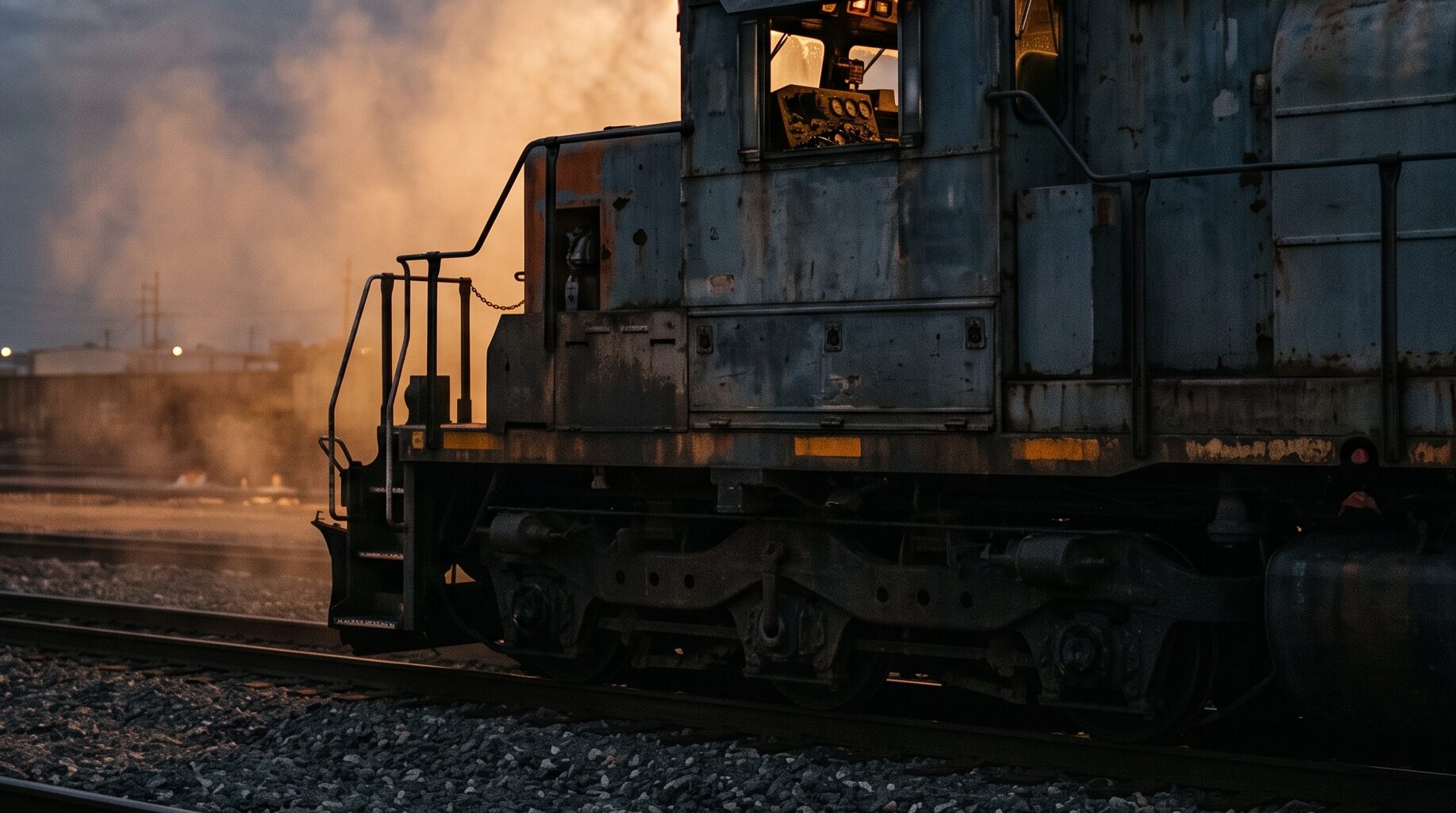 Diesel locomotive at dusk with exhaust smoke