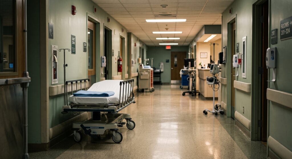 Empty hospital corridor and gurney, representing a hospital medication error case.