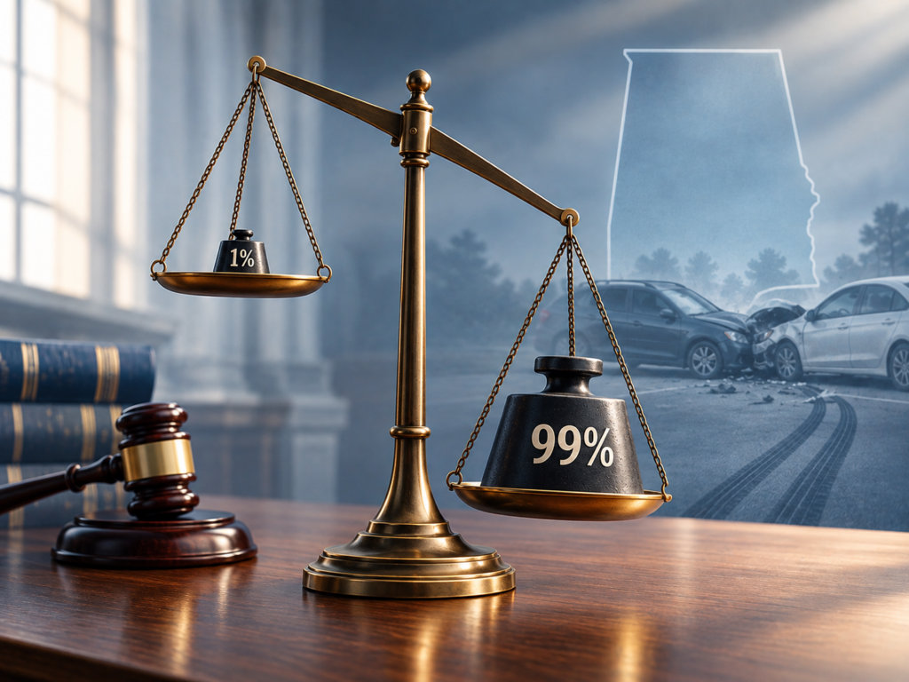 Scale of justice depicting Alabama's 1% fault rule in car accident contributory negligence claims