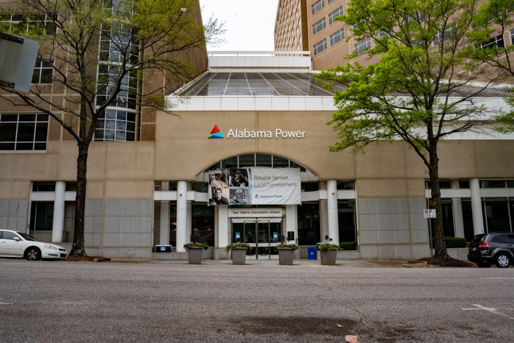 Alabama Power headquarters entrance at 600 North 18th Street in Birmingham, Alabama, with the company logo above the doors.